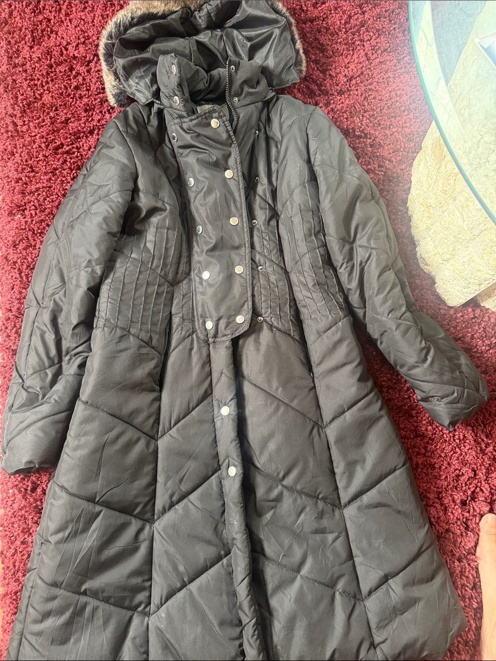 Long Quilted Puffer Coat with Faux Fur Hood - Black